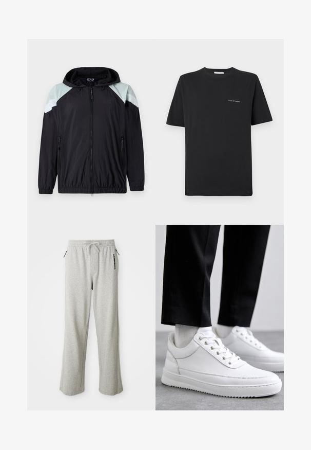 Lengvas juodas džemperis su kapišonu, dekoruotas mėtų žalios spalvos peties akcentais ir baltais dryžiais. Įtraukti užtrauktuku užsegami kišenės ir elastingi rankogaliai.; Juoda medvilnės marškinėliai su apvaliu kaklu, trumpomis rankovėmis ir mažu baltu „TIGER OF SWEDEN“ logotipu krūtinėje. Klasikinis siluetas.; Pilkos sportinės kelnės, pagamintos iš minkštos medžiagos, su raišteliu juosmens, šoninėmis kišenėmis ir spaudiniu logo kairėje kojoje.; Baltos odinės sportbačiai su plokščiu guminiu padu, pasižymintys lygiu paviršiumi, apvalia nosimi ir metaliniais anga užrišimui. Dėvimi su juodomis kelnėmis.