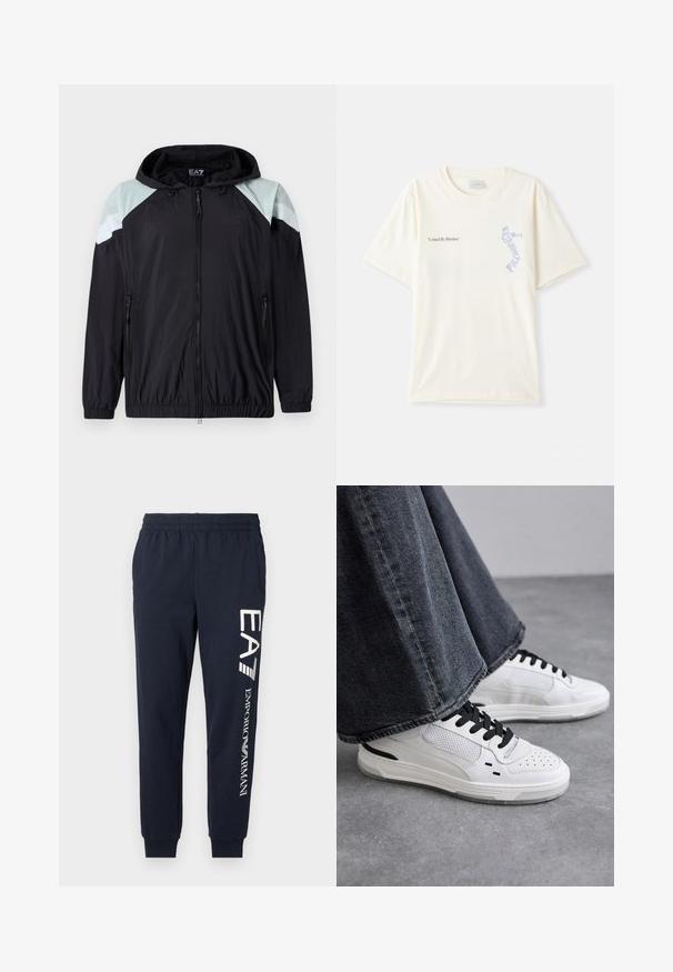 Gaišs melns džemperis ar kapuci, ar piparmētru zaļiem plecu akcentiem un baltām svītrām. Iekļauj rāvējslēdzēja kabatas un elastīgas aproces.; Balts kokvilnas T-krekls ar īsām piedurknēm, ar melnu un zilu grafiku "United By Rhythm" uz krūtīm. Apaļš kakla izgriezums.; Tums zilas kokvilnas sporta bikses ar elastīgu jostu, saplacinātām kājām un kontrastējošiem baltajiem EA7 un Emporio Armani logotipiem, kas iespiesti gar sāniem.; Baltas sneakers ar melnām auklām un sieta detaļām. Iekļauj gludu ādas virsu un strukturētu gumijas zoli. Pāris ar platām pelēkām džinsām.