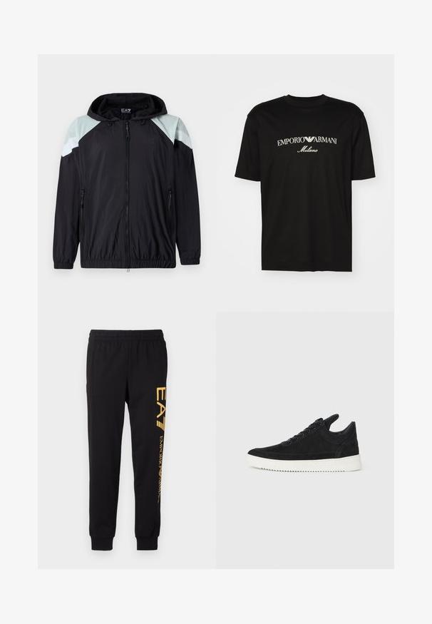 Casaco preto leve com capuz, apresentando acentos em verde menta nos ombros e detalhes em branco listrado. Inclui bolsos com zíper e punhos elásticos.; T-shirt de algodão preta com gola redonda, mangas curtas e o logo "EMPORIO ARMANI" em branco acima de "Milano" num design curvo.; Calças de treino pretas feitas de tecido suave, com uma cintura elástica e tornozelos ajustados. Logotipo amarelo impresso verticalmente na perna esquerda.; Sapatilha de camurça preta com sola de borracha branca, apresentando costuras tonais e um design com atacadores. Textura suave com uma forma moderna e simplificada.