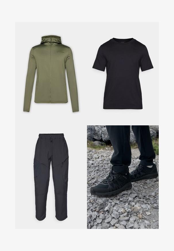Olivengrønn zip-up hettegenser laget av mykt stoff, med en tettsittende hette, lange ermer og to sidelommer. Minimalistisk design med merkelogo.; Svart T-skjorte laget av glatt stoff, med rund hals og korte ermer. Diskret merkevaretrykk i svart på brystet.; Sorte cargo bukser laget av et lett, vannavvisende materiale; har elastisk midje, flere glidelåslommer og smale ben.; Sorte utendørssko i svart med mesh og syntetisk materiale, med en teksturert overdel, sikret snøresystem og en robust såle, på steinete terreng.