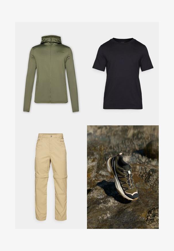 Olive green zip-up hoodie made of soft fabric, featuring a fitted hood, long sleeves, and two side pockets. Minimalist design with branded logo.; Black T-shirt made of smooth fabric, featuring a crew neckline and short sleeves. Subtle branding printed in black on the chest.; Beige zip-off pants with a smooth texture, featuring two side pockets, a button closure, and roll-up cuffs for versatility.; Hiking shoe in olive green and black with pink accents. Features a textured upper, flexible sole, reinforced toe cap, and colorful lacing system.