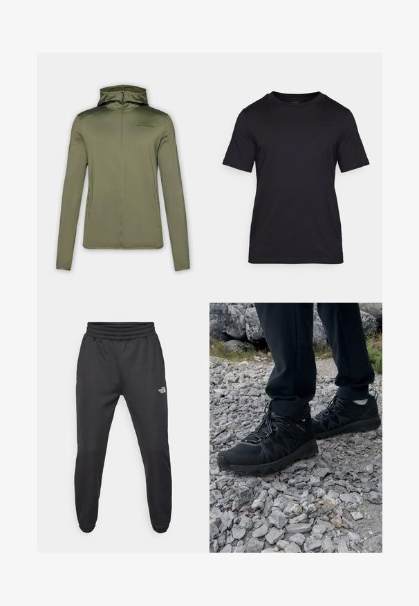 Maslinasto zeleni dukserica sa zipom, izrađena od mekanog materijala, sa prilagođenom kapuljačom, dugim rukavima i dva bočna džepa. Minimalistički dizajn sa brendiranim logom.; Crna majica od gladkog materijala, s okruglim izrezom i kratkim rukavima. Diskretno brendiranje otisnuto crnom bojom na prsima.; Crne trenirke s elastičnom trakicom u struku, suženog kroja, elastičnim manžetama i malim bijelim logom na lijevom bedru, izrađene od glatkog materijala.; Crne vanjske cipele s mrežastim i sintetičkim materijalom, s teksturiranim gornjim dijelom, osiguranim sustavom vezanja i čvrstim potplatom, na stjenovitom terenu.