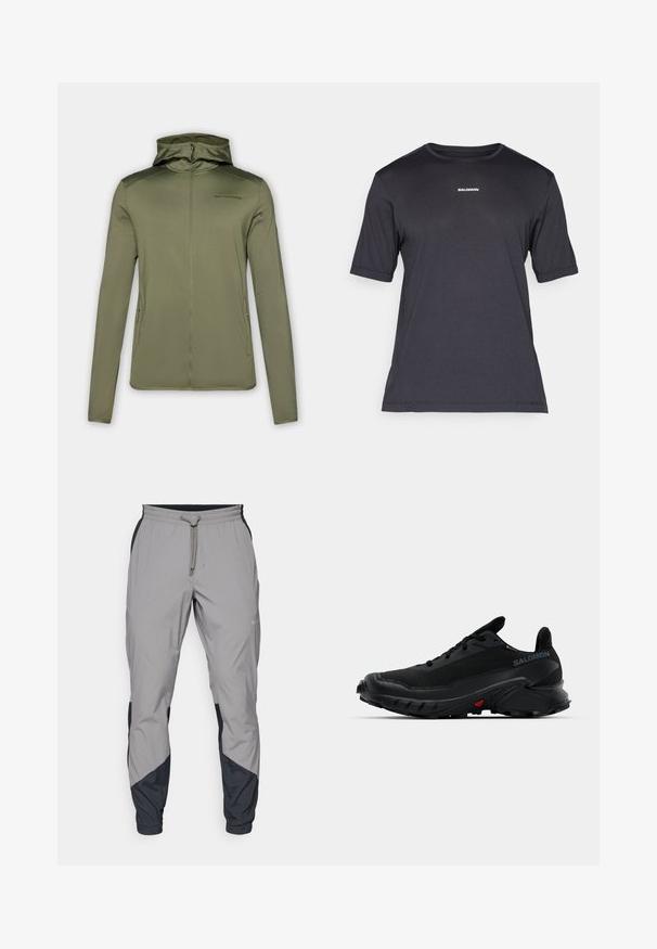 Olivovo zelená mikina s kapucňou na zips vyrobená z jemného materiálu, s priliehavou kapucňou, dlhými rukávmi a dvoma bočnými vreckami. Minimalistický dizajn s logom značky.; Čierne krátke tričko s performančnými rukávmi vyrobené z priedušnej látky, s okrúhlym výstrihom a malým bielym logom "SALOMON" na hrudi.; Ľahké, šedé športové nohavice s čiernymi akcentmi. Elastický pás, sťahovanie pomocou šnúrky, zúžený strih nohavíc a bočné vrecká.; Čierne športové topánky s textúrovaným vrchom, okrúhlou špičkou a výraznou gumovou podrážkou. Obsahujú logo na boku a červené detaily na podrážke.