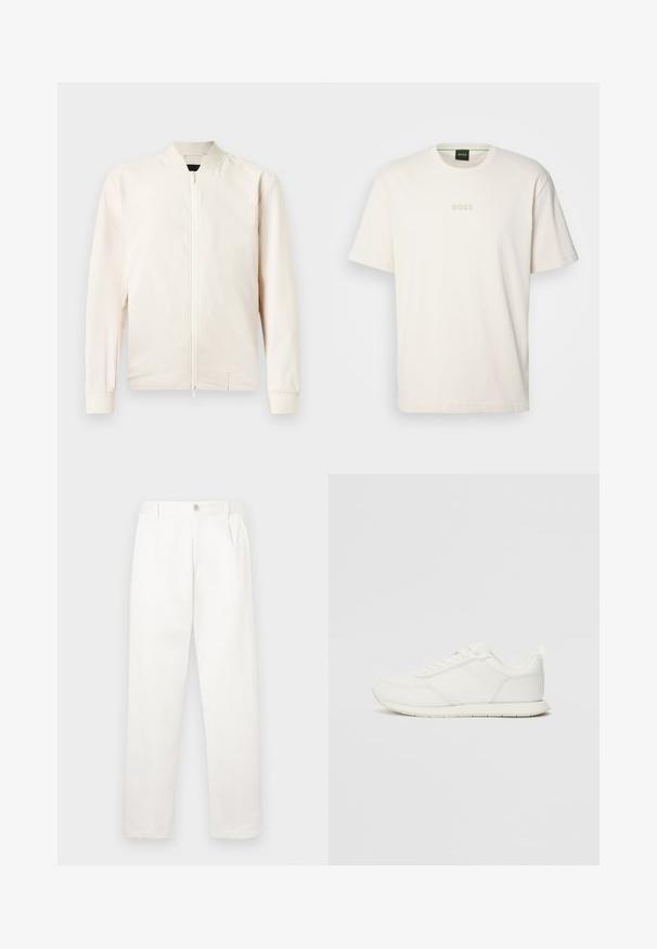 Ljus beige bomberjacka med dragkedja fram, ribbat krage och mudd, tillverkad av ett slätt och lätt material. Har sidofickor och en minimalistisk design.; BOSS TEE - T-shirt - bas - open white; Vita byxor i ett mjukt tyg, med rak benform, framfickor och en enda knappstängning i midjan.; Vita sneakers med ett överdel i mesh och syntetmaterial, rund tå, platta snörning, och ett texturerat sidostreck. Gummisula med en dragflik bak.