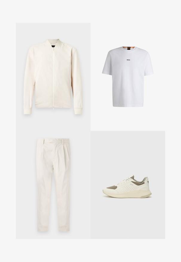 Veste bomber beige clair avec fermeture éclair à l'avant, col et poignets côtelés, fabriquée en tissu lisse et léger. Dotée de poches latérales et d'un design minimaliste.; T-shirt en coton blanc à manches courtes, avec un logo noir "BOSS" centré sur la poitrine et un design à col rond.; Pantalons blancs plissés avec une coupe ajustée, dotés d'une texture lisse, de passants de ceinture et de jambes fuselées. Pas de poches visibles ni de motifs.; Basket de sport blanche et beige clair, avec une tige en maille, des détails perforés et une semelle intermédiaire texturée avec un logo sur le talon.