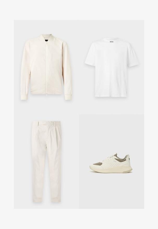 Giacca bomber color beige chiaro con zip frontale, colletto e polsini a coste, realizzata in tessuto leggero e liscio. Presenta tasche laterali e un design minimalista.; T-shirt bianca a maniche corte in cotone. Presenta un colletto rotondo e un logo stampato in nero sul colletto. Texture liscia, design semplice.; Pantaloni bianchi plissettati con taglio su misura, caratterizzati da una texture liscia, passanti per la cintura e gambe affusolate. Nessuna tasca o motivo visibile.; Sneaker atletica bianca e beige chiaro, con tomaia in mesh, dettagli perforati e una suola intermedia texturizzata con marchio sul tallone.