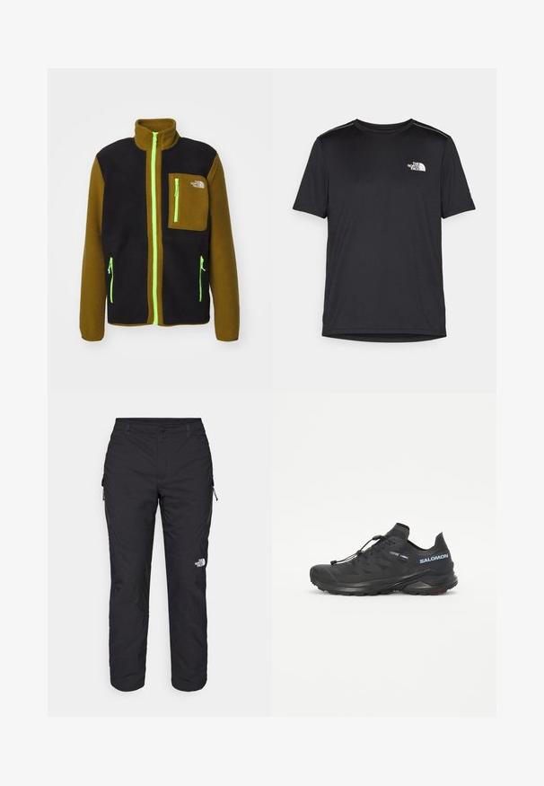 The North Face M YUMIORI FULL ZIP - Fliisjakk - black/moss green; Must mustaöödiga must T-särk, mis on valmistatud kerge riidekanga. Esiküljel on vasakul rinnal väike valge logo ning õlgadel on peened aktsendid.; The North Face WINTER EXPLORATION TAPERED CARGO - Õuepüksid - black; Must Black trail running shoe, mille tekstuuriga ülemine osa, elastsed paelad ja Contagrip väliskülg. Omab tihedat istumist ja kaitsvat varbakatet.