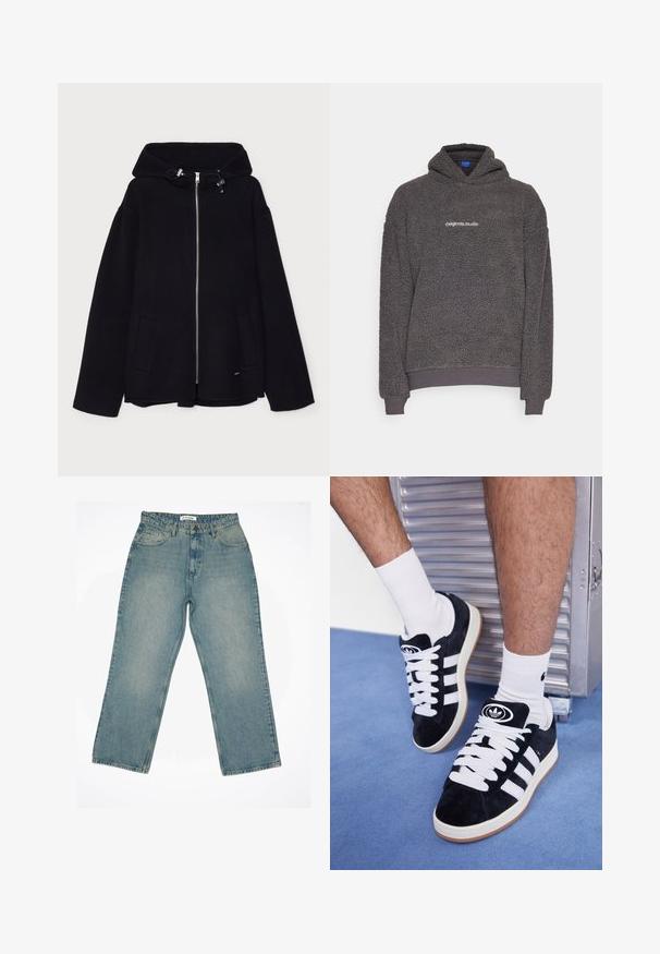 Sort fleece hættetrøje med frontlynlås, snørrejustering på hætten og sidelommer. Glat tekstur, afslappet pasform.; Mørkegrå, struktureret fleece-hoodie med "originals Studio" tekst trykt på brystet, ribbede manchetter og kant, præsenteret på en ensfarvet baggrund.; Hvid kortærmet t-shirt lavet af blød bomuld. Har en rund halsudskæring og afslappet pasform, med en glat tekstur og rent, uhindret design.; Lyseblå denimjeans med høj talje og vidde i benene. Har forlommer, lynlås og synlige syninger.; Sorte ruskinds sneakers med hvide snørebånd og tre hvide striber. Har et rundt sort logo på tungen og en gummigummisål.