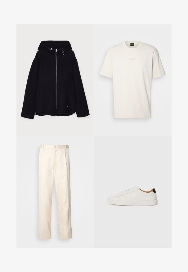 Fekete bolyhos kapucnis dzseki elülső cipzárral, zsinóros állítással a kapucnin és oldalsó zsebekkel. Simább textúra, laza fazon.; BOSS TEE - Basic póló - open white; Beige pamut nadrág egyenes szárú kivágással, gombos záródással és elülső redőkkel a részletek fokozása érdekében.; Fehér sportcipő sima bőr felsőrésszel, kerek orral és lapos talppal. Fekete akcentus a saroknál, tonális fűzőkkel és minimális márkajelzéssel.