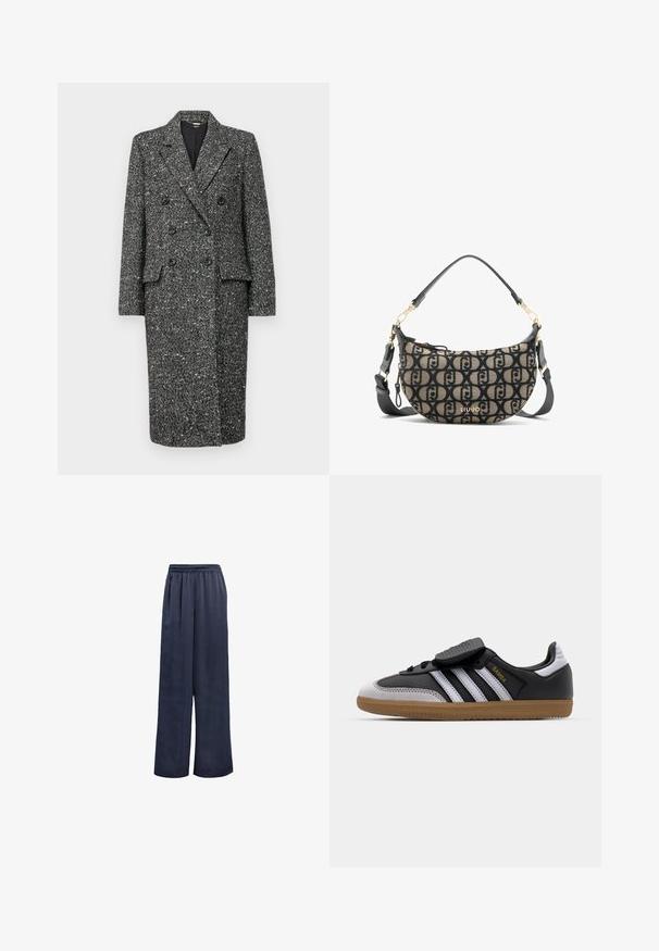 LIU JO CAPPOTTO OVERSIZE FIT - Abrigo clásico - black/white; Camiseta sin mangas blanca de algodón, con un diseño sencillo que presenta un escote redondo y el logo negro "HUGO" en el centro. Textura suave.; Pantalones de pierna ancha en color navy, confeccionados en una tela suave con cintura elástica y sin herrajes visibles. Presentan un ajuste relajado y un diseño de largo completo.; Zapatillas de cuero negro y gamuza gris con rayas blancas, suela de goma, parte delantera con cordones y tira de Velcro. Presenta el logotipo "Samba" en dorado.; Bolso de lona marrón y negro en forma de media luna, con un patrón de logotipos repetido, herrajes dorados y correa desmontable.