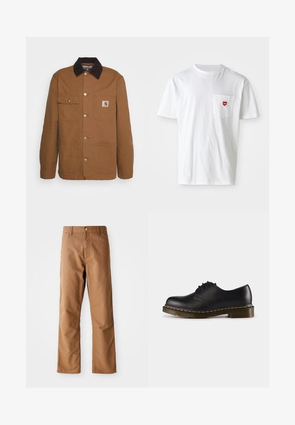 Bruine werkjas gemaakt van duurzaam materiaal met een corduroy kraag, voorzien van vier zakken en metalen knopen aan de voorkant.; Witte katoenen T-shirt met een ronde hals en korte mouwen. Bevat een klein rood hartlogo op de linkerkant van de borstzak.; Bruine rechte broek met riemlussen, voorkant zakken, knoopsluiting en rits op een witte achtergrond.; Zwarte leren schoen met een ronde neus, vetersluiting, gele stiksels langs de zool en een stevige, geprofileerde rubberen buitenzool.