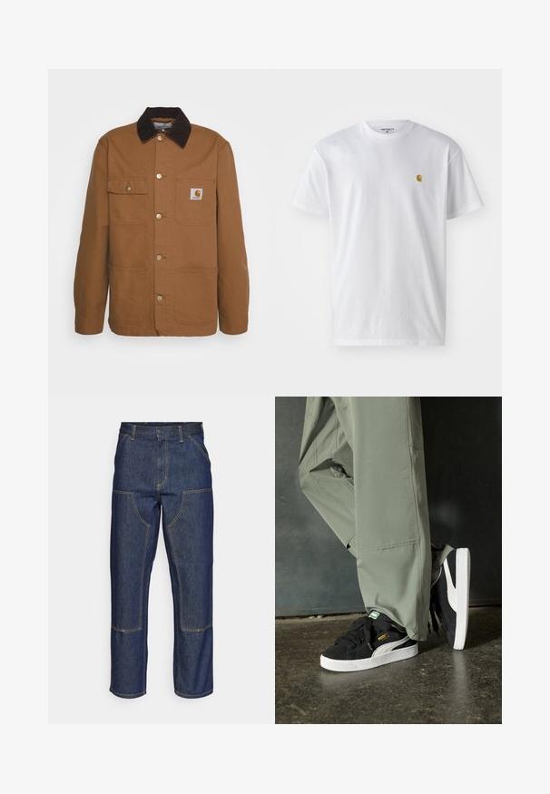 Giacca da lavoro marrone realizzata in tessuto resistente, con colletto in velluto a coste, dotata di quattro tasche e bottoni in metallo nella parte anteriore.; T-shirt bianco in cotone con maniche corte, con colletto girocollo, caratterizzato da un piccolo logo dorato sulla parte sinistra del petto. Tessuto morbido e vestibilità regolare.; Jeans in denim blu scuro con vita alta, design a gamba dritta, cuciture a contrasto e tasche applicate sulla parte frontale.; Sneaker in suede nero con suole in gomma bianca e strisce laterali, abbinate a pantaloni cargo verde chiaro, in piedi su una superficie scura e texture.