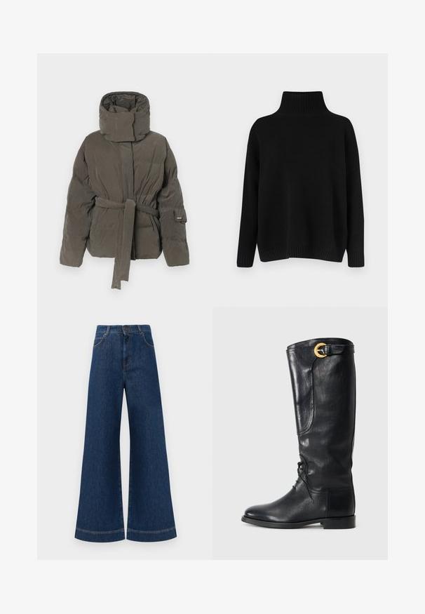 Casaco de inverno acolchoado cinza escuro com gola alta e cinto correspondente atado à cintura, mangas longas e tecido macio mate.; Camisola preta de malha com gola alta canelada, ombros caídos e corte solto. Apresenta punhos e bainha canelados para dar textura.; Jeans azul de perna larga com cintura alta, apresentando um fecho de botão, passantes para cinto e detalhes de costura discretos ao longo dos bolsos e das bainhas.; Bota de couro preta até ao joelho com bico arredondado, atacadores à frente, detalhe lateral e uma fivela dourada no topo. Textura suave.