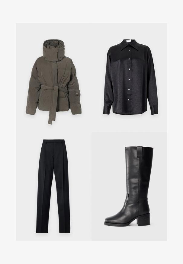 Tumehall pehmea talvejakk kõrge kraega ja sobiva vööga, mis on kinni seotud puusade juures, pikkade varrukatega ja pehme mattkangaga.; Musta pikemate varrukatega särk, millel on krae ja kortsus tekstuur, täispikk nööpidega eesmine osa ja varrukate mansetid. Valmistatud siledast kangast.; Mustad püksid siledast kangast, millel on kõrge vöökoht, laiad jalad, esimesed kortsud ja klassikalised vööloopid. Küljepockets pole nähtavad.; Musthave mustad nahktoodete bikiinibootid, millel on sile pind, ruudukujuline varvas, plokk-kand ja külgmine tõmbeaas, minimaalse õmblusega detailid.