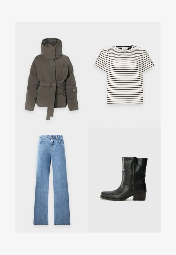 Tumši pelēks siltināts ziemas mētelis ar augstu apkakli un saskaņotu jostu, kas sasieta ap vidukli, garām piedurknēm un mīkstu matētu audumu.; Kokvilnas T-krekls īsām piedurknēm ar apaļu kakla izgriezumu, ar melnām vertikālām svītrām uz balta fona un taisnu griezumu.; Gaiši zili džinsi ar platām kājām, pieci kabatas, jostu cilpas un pogu aizdare. Audumam ir gluda tekstūra.; Melna ādas potīte ar noapaļotu purngalu, bloku papēdi, sānu rāvējslēdzēju un šuvju akcentiem uz virsmas. Gluda tekstūra, klasiskā dizaina.