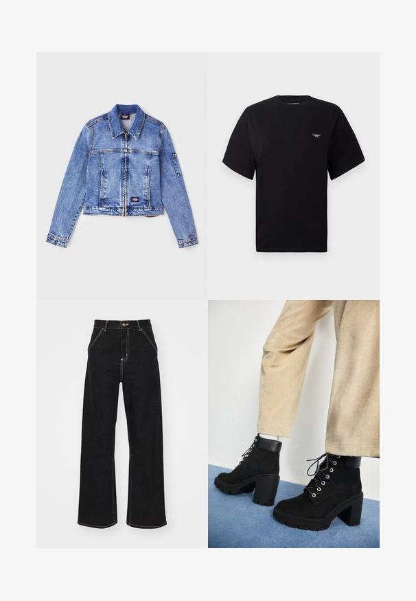 Šviesiai mėlynas džinsinis švarkas su apykakle, užtrauktuku, dviem priekinėm kišenėm ir logotipo pleistru. Turi ilgas rankoves ir siuvinėjimo detales.; Juodas medvilnės marškinėliai trumpomis rankovėmis, su apvaliu kaklu ir širdies formos siuvinėtu logotipu kairėje krūtinės pusėje. Paprastas, nedekoruotas dizainas.; Juodi platūs džinsai, pagaminti iš džinsinio audinio, su kontrastingomis baltomis siūlėmis ir priekiniais mygtukais, turintys du kampinius priekinio kišenes.; Juodi žeminti batai su dideliu kulnu, apvaliu nosiu ir sidabro spalvos akytėmis, su matinio juodo odos apykakle ir tekstūruotu padu.