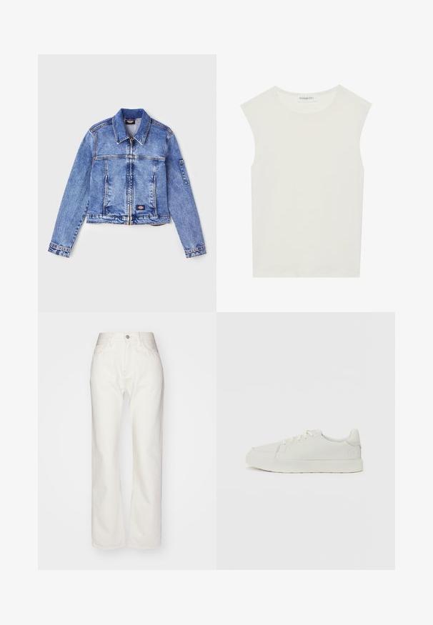 Svijetloplava traper jakna s ovratnikom, zatvaranjem na patentni zatvarač, dva prednja džepa i logotipom. Sadrži duge rukave i detalje šivanja.; Bela brezrokavnica s okroglim izrezom. Narejena iz gladkega materiala, ima sproščen kroj in minimalističen dizajn. Brez vzorcev ali okrasnih elementov.; Beli džins hlače z visokim pasom in širokim krojem. Imajo zadrgo in gumb, zanke za pas ter subtilne šive.; Bele teniske s gladko teksturo, okroglo konico in subtilne detajle šivanja. Ravne vezalke in logotip na peti. Minimalističen dizajn.