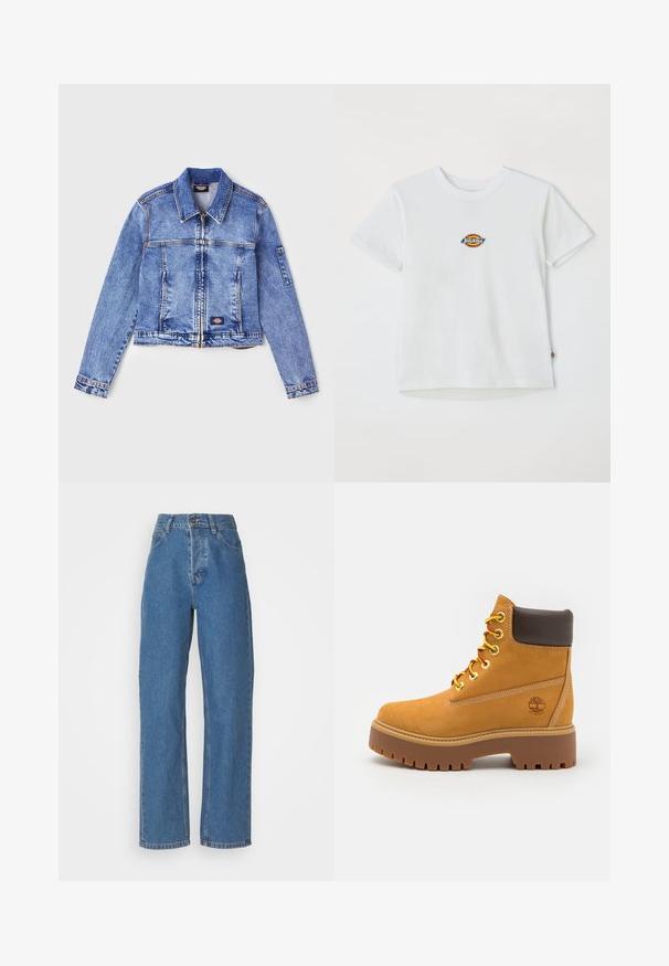 Světle modrá džínová bunda s límcem, zipovým zapínáním, dvěma předními kapsami a logem na nášivce. Obsahuje dlouhé rukávy a detaily prošívání.; Bílý bavlněný tričko s kulatým logem v mnoha barvách. Krátké rukávy a kulatý výstřih, s malou cedulkou na lemu.; Džíny s vysokým pasem, rovného střihu, modré barvy s vybledlým vzhledem. Obsahují pět kapes, zapínání na knoflík a jemné detaily prošívání.; Hnědé voděodolné kotníkové boty s pevnou gumovou podrážkou, kulatou špičkou, hnědým koženým límcem, žlutými tkaničkami a logem na boku.