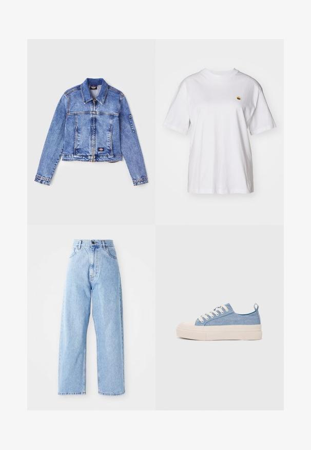 Light blue denim jacket with a collar, zip closure, two front pockets, and a logo patch. Features long sleeves and stitching details.; White cotton t-shirt with a relaxed fit, short sleeves, and a small embroidered logo on the left chest area.; High-waisted light blue denim jeans with straight wide legs, front button, zipper closure, and front and back pockets.; Light blue canvas sneakers with a cream rubber toe cap and outsole, featuring white laces and a pull tab on the heel.