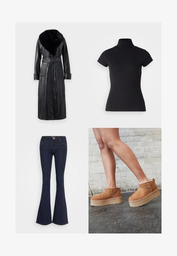 Melna ādas jaka ar garu siluetu, kas piedāvā mākslīgās kažokādas apkakli, jostas detaļu un vertikālas ribotas akcentus uz kabatām un piedurknēm.; Melna, īsām piedurknēm turtlenecks džemperis, izgatavots no ribotas auduma, ar pieguļošu piegriezumu un augstu apkakles dizainu. Vienkāršs un teksturēts raksts.; Tumši džinsi ar platām kājām un pieguļošu jostu, ar priekšējo pogas aizdari, piecu kabatu dizainu un šuvju detaļām gar kājām.; Brūni zamšāda potītes zābaki ar mīkstu oderi, biezu bēša krāsas platformas zoli un aizmugurē esošu cilpu. Tekstūrēta virsma ar redzamām šuvēm.