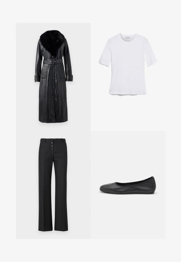 Juodas odinis paltas su ilgu siluetu, su dirbtiniu pūkų apykakle, diržo detale ir vertikaliomis raukšlėmis kišenėse bei rankovėse.; Balta trumpa rankovėmis marškinėliai, pagaminti iš pasiruošusio audinio. Apvali iškirptė, reguliari tinkamumas ir subtilūs siuvimo detalės. Be raštų ar grafikos.; The Kooples PANTALON - Kelnės - black; Juodai odiniai baletai su apvaliu pirštu, lygi texture, minimalus siuvimo detales ir lanksčiu padų dizainu.