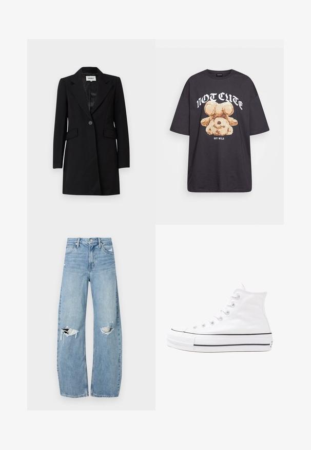 ONLY ONLCATHY LONG COAT - Klassisk kåpe / frakk - black; Svart oversized t-skjorte med en grafikk av en bjørn og teksten "IKKE SØT, MEN VILL" i fet, hvit skrift. Laget av bomull.; Lyseblå høytlivsjeans laget av denim. Har vide bein, to revne knær og klassisk fem-lommers design.; Hvit høy-skinn kanvas sneakers med svart gummisåle, gummitåhette foran og seks hull for snorer, med et rent, minimalistisk design.