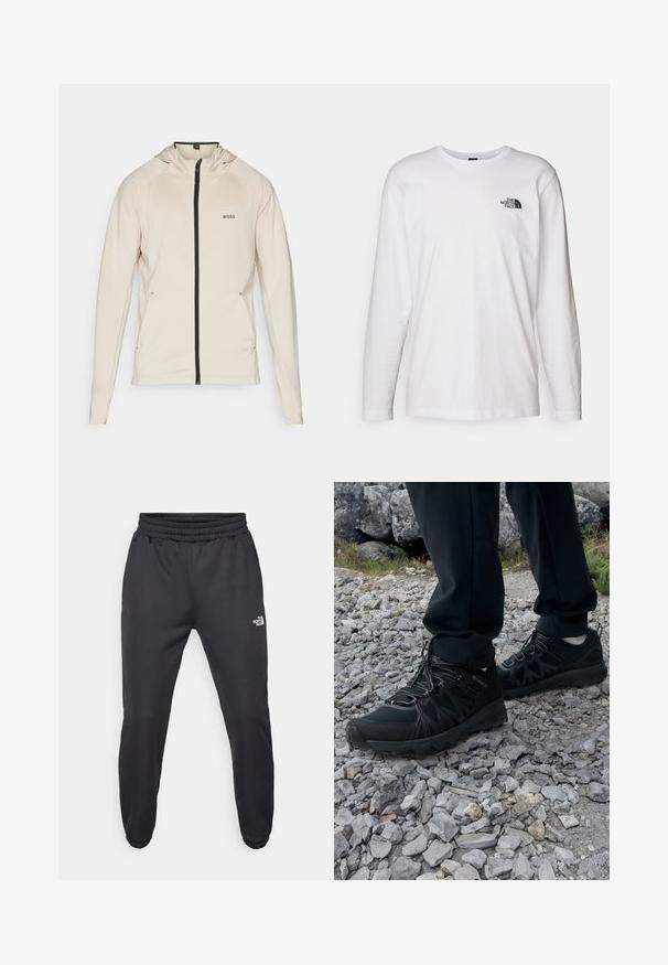 BOSS SICON ACTIVE - Chaqueta de entrenamiento - open beige; Camiseta de manga larga blanca de algodón con cuello redondo. Presenta un pequeño logotipo negro en el pecho. Textura suave, corte regular.; Pantalones deportivos negros con cintura ajustable mediante cordón, corte tapered, puños elásticos y un pequeño logo blanco en el muslo izquierdo, fabricados en tejido suave.; Zapatos exteriores negros con malla y material sintético, que presentan un upper texturizado, un sistema de cordones seguro y una suela robusta, sobre terreno rocoso.