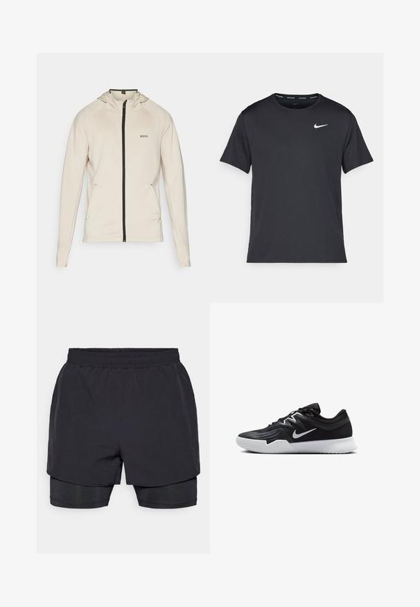 BOSS SICON ACTIVE - Trainingsjacke - open beige; Schwarzes Nike Lauft-Shirt aus leichtem, atmungsaktivem Material, mit kurzen Ärmeln und einem kleinen weißen Logo auf der Brust.; Schwarze Sportshorts mit elastischem Bund, geschichtetem Design und passendem Innenfutter. Glatte Textur, für Komfort ausgelegt.; Schwarzer Sportschuh mit strukturiertem Obermaterial, weißem Nike-Warenzeichen und einer weißen Gummisohle. Verfügt über ein Schnürdesign und eine dynamische Form.
