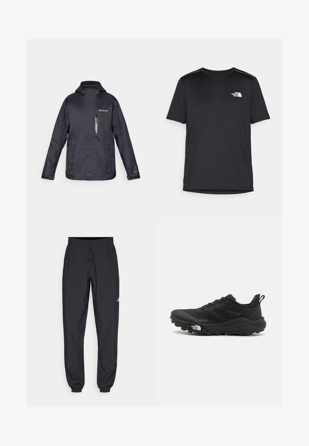 Black lightweight rain jacket with a hood, zippered chest pocket, and Columbia logo on the upper left side. Smooth, durable fabric texture.; Black short-sleeve T-shirt made from lightweight fabric. Features a small white logo on the left chest and subtle shoulder accents.; Black athletic pants made from lightweight fabric, featuring a drawstring waistband, side pockets, and tapered cuffs at the ankles.; Black trail running shoe with a textured upper, rubber sole, and reinforced toe cap. Features a padded collar and pull tab for easy wear.