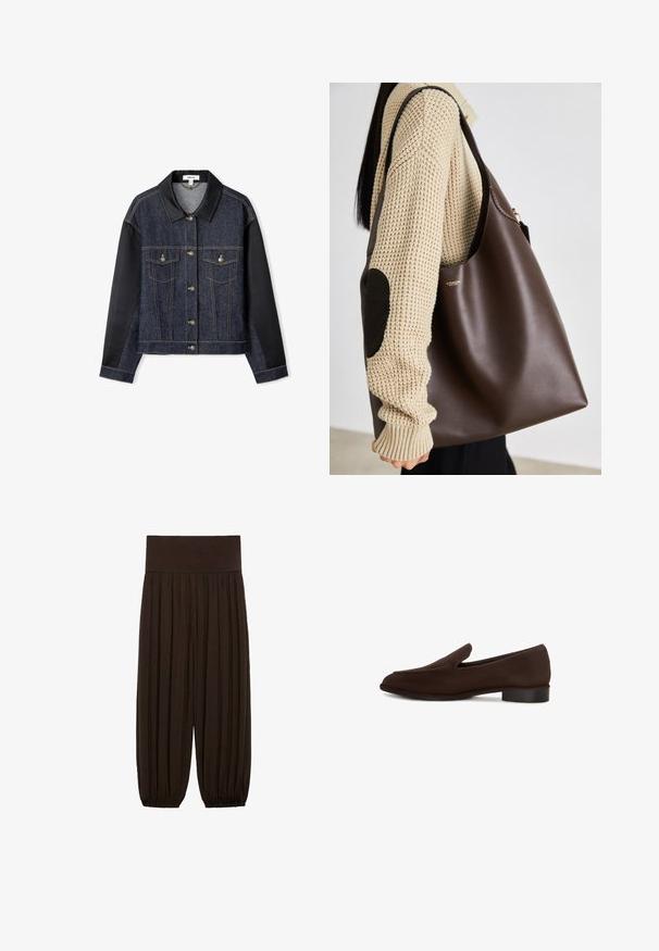 Chaqueta de mezclilla con mangas de tela negra, dos bolsillos frontales, botones dorados y un cuello negro. Presenta un lavado oscuro y costuras en contraste.; Camiseta blanca de algodón con mangas cortas y cuello redondo. Cuenta con una etiqueta rosa en el interior del cuello. Textura suave.; Pantalones marrones con pliegues y una cintura elástica ancha. La tela es ligera y texturizada, con dobladillos fruncidos en los puños.; Zapato marrón de tipo slip-on con una textura suave, forma alargada, tacón bajo y diseño minimalista. Sin patrones o adornos visibles.; Bolso de tote de cuero marrón con un diseño espacioso. Presenta una textura suave y un sutil logo dorado. Combinado con un suéter de punto crema.