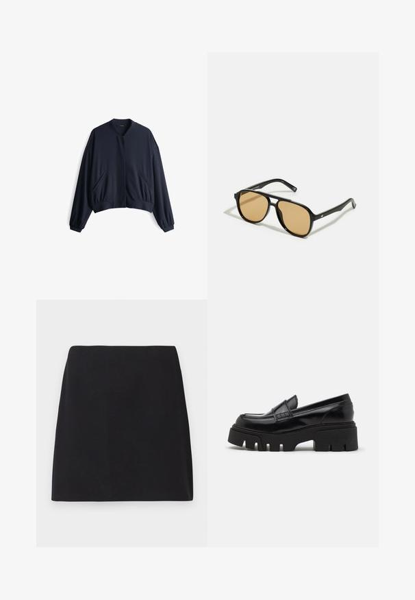 Navy Blau kurz geschnittene Bomberjacke aus einem glatten Stoff mit lockerer Passform, ausgestattet mit seitlichen Taschen sowie elastischen Bündchen und Saum.; Schwarzes Langarmshirt aus geripptem Stoff. Es hat einen runden Ausschnitt und eine figurnahe Passform ohne sichtbare Muster oder Akzente.; Schwarzer Minirock, gerader Schnitt, glatte Stofftextur, keine sichtbaren Muster oder Verzierungen, saubere Kanten, keine Hardware. Einfaches Design.; Schwarze Lederloafer mit einer massiven, strukturierten Plateausohle und einem dekorativen Riemen über dem Obermaterial. Glatte, glänzende Oberfläche.; Schwarze Sonnenbrille mit braun getönten Gläsern; rechteckige Form mit einem dicken Rahmen, einschließlich subtiler Hardware-Akzente an den Bügeln.; Braune geflochtene Clutch mit strukturierter Oberfläache, goldfarbener Hardware und dekorativen Nieten entlang der Kanten. Besitzt einen Kettenriemen.