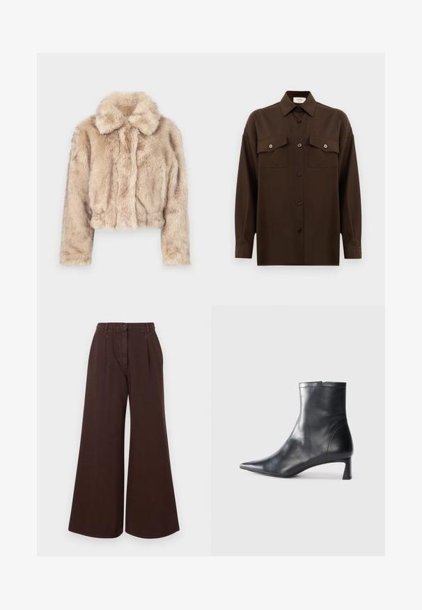 Izgriezta mākslīgā kažokādas jaka gaiši beidzē, ar iegriezumu apkakli un mīkstu, pūkainu tekstūru, ar garām piedurknēm un pieguļošu apakšmalu.; Tumši brūns garām piedurknēm pogājams krekls ar diviem kabatām uz krūtīm un klasisku apkakli, attēlots uz vienkārša baltā fona.; Augstas jostas vidēja platuma brūni bikses ar pogu un rāvējslēdzēju, jostas cilpām un priekšējām krokām.; Melnas ādas potītes zābaki ar norādītu pirkstu un elegantu dizainu. Iezīmē zemu papēdi un rāvējslēdzēja aizdari aizmugurē. Gluda tekstūra.