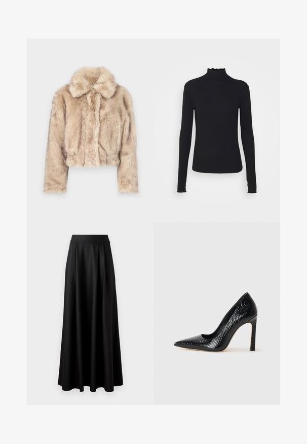 Cropped faux fur jacket in light beige, featuring a notched collar and soft, fluffy texture with long sleeves and a fitted hem.; Black long-sleeve turtleneck top made of smooth fabric, featuring a ruffled neck and fitted silhouette with simple edges.; Black, floor-length skirt with a smooth texture, wide waistband, and pleated design, featuring no visible patterns or embellishments.; Black pointed-toe high heel shoe with a crocodile-skin texture, featuring a sleek design, high stiletto heel, and smooth black interior.