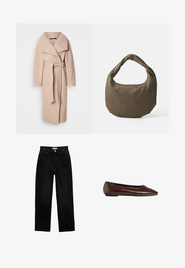 Beige ullblandad kappa med omslagdesign, bred notchkrage och matchande bälte. Mjuk textur och lös passform, knälång.; Krämfärgad tröja i mjukt tyg med rund halsringning, långa ärmar och kort fåll. Enkel och minimalistisk design.; Svarta jeans i denim med rak skärning, femfickorsdesign, metalldekorativ knapp och bälteshål. Tyget har en matt yta och inga synliga mönster.; Bruna läderballetskor med en jämn yta, spetsig tå och en rosettdetalj framtill, med en låg svart gummisula.; Vävd olivgrön handväska med rund form och vriden handtag. Texturerad yta har ett diagonalt mönster. Dragkedjestängning.