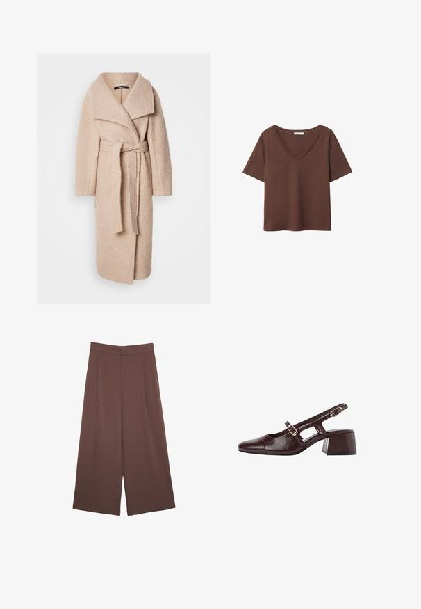 Bež plašč iz volnene mešanice z ovitkom, širokim izrezom in usklajenim pasom. Mehka tekstura in ohlapen kroj, do kolen.; Rjava bombažna majica s kratkimi rokavi in globokim V-izrezom. Preprost dizajn, mehak material in raven rob. Brez vzorcev ali dekorativnih elementov.; Rjave široke hlače z gladko teksturo, ki imajo visok pas in sprednje naborke. Tkanina je lahka in prosto pada.; Rjave usnjene slingback pete s kvadratnim nosom, izrezanimi stranicami in blok peto. Imajo sponko na trakcu okoli gležnja.