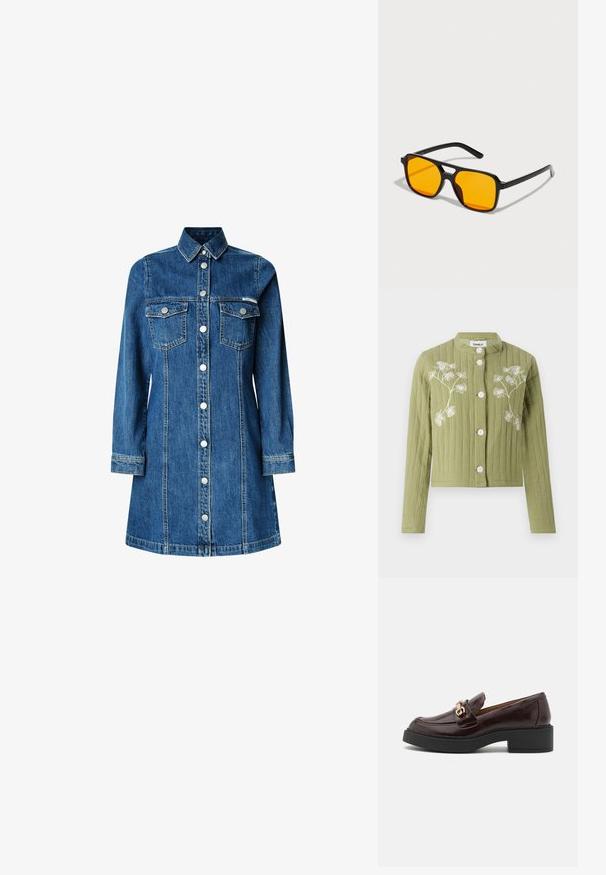 Giacca verde, corta, realizzata in tessuto testurizzato con ricami floreali bianchi. Presenta un colletto alto e quattro bottoni bianchi.; Abito camicia in denim, maniche lunghe, chiusura frontale con bottoni, due tasche sul petto, colletto classico, colore blu medio e dettagli di cucitura chiara.; Mocassino in pelle marrone con una fibbia dorata, tacco a blocco nero e una texture liscia. La vista laterale mostra la punta arrotondata e i dettagli di cucitura.; Occhiali da sole rettangolari neri con lenti arancioni audaci. Presentano un design unico del ponte e aste eleganti, realizzati in materiale leggero.; Borsa a tracolla in pelle marrone con un esterno morbido e testurizzato simile alla pelliccia, design slim, manico corto e tracolla removibile.