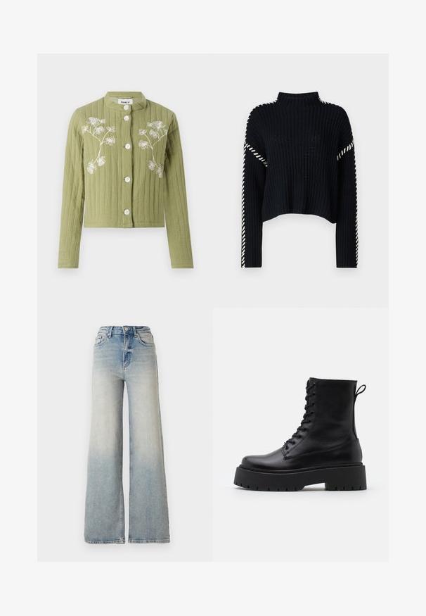 Green, cropped jacket made of textured fabric with white floral embroidery. Features a stand collar and four white buttons.; Vero Moda VMNEWCREAM FUNNELNECK PULLOVER - Jumper - black/birch; Light blue wide-leg jeans made of denim, featuring a high waist, five pockets, and visible stitching along the seams.; Black leather ankle boots with a round toe, lace-up front, and a thick rubber sole featuring a textured tread. Pull tab at the back.