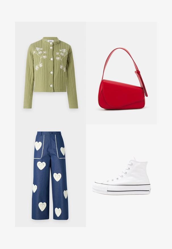 Roheline, lühikeste varrukatega jakk tekstuuritud kangast, millel on valged lille tikandid. Omab püsti kaelust ja nelja valget nööpi.; Lille kreemipehme lilleline pluus, millel on pikad puhvli varrukad, millel on lillad, oranžid ja rohelised lillemustrid ning klassikaline kaelus.; Sister Jane HEART TO HEART - Sirgete säärtega teksad - blue denim; Valge kõrgem kangast tenniseking, millel on must kummist tald, ees kummist varvasetugi ja kuus aukku paelte jaoks, pakkudes puhta ja minimalistliku disaini.; Punane nahast käekott, millel on nurkadega geomeetriline disain. Omab ühte reguleeritavat rihma ja klappidega sulgemist, millel on õmblustega kaunistused.