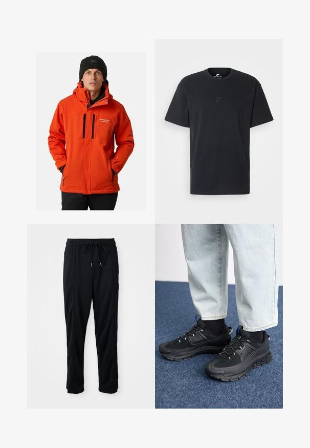 Bright orange weather-resistant jacket with a zip-up front, hood, and two black zip pockets. Includes adjustable cuffs and logo detail.; Nike black cotton t-shirt with a classic crew neck, short sleeves, and a subtle, embossed logo on the chest. Smooth texture.; Black drawstring waist casual pants with side seam pockets and straight leg cut on a plain background.; Black athletic shoes with textured fabric and rubber soles, featuring elastic laces and a blue accent on the heel. Worn with light denim pants.