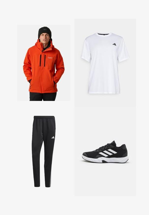 Kirkas oranssi säänkestävä takki, jossa on vetoketjullinen etuosa, huppu ja kaksi mustaa vetoketjullista taskua. Sisältää säädettävät hihansuut ja logon yksityiskohdan.; Valkoinen urheilupaita lyhyillä hihoilla, valmistettu kosteutta siirtävästä kankaasta. Vasemmassa rinnassa on musta logo ja kauluksen sisäpuolella on kuvio.; Mustat urheiluhousut, joissa on joustava vyötärö, valkoiset sivuraidat ja pieni valkoinen logo reidessä. Valmistettu sileästä, kevyestä materiaalista.; Mustat urheilukengät, joissa on teksturoitu verkkomateriaali yläosassa, valkoiset korostusraidat, pehmustettu pohja ja vahvistettu kanta tuen vuoksi.