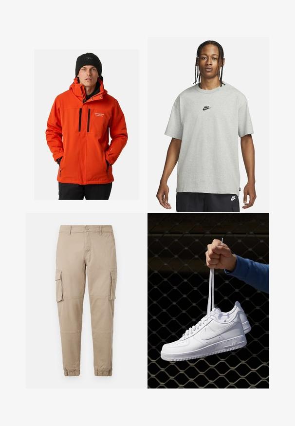 Giacca resistente alle intemperie di un brillante arancione, con chiusura a zip frontale, cappuccio e due tasche con zip nere. Include polsini regolabili e dettagli del logo.; Giovane con capelli intrecciati che indossa una maglietta Nike grigia chiara e pantaloni Nike neri su uno sfondo bianco semplice.; Pantaloni cargo beige in un leggero cotone. Presentano polsini elasticizzati, molteplici tasche laterali e una chiusura con bottone.; Sneakers in pelle bianca con perforazioni, punta rotonda, suola piatta e lacci spessi, con logo swoosh visibile e "AIR" sul tallone.