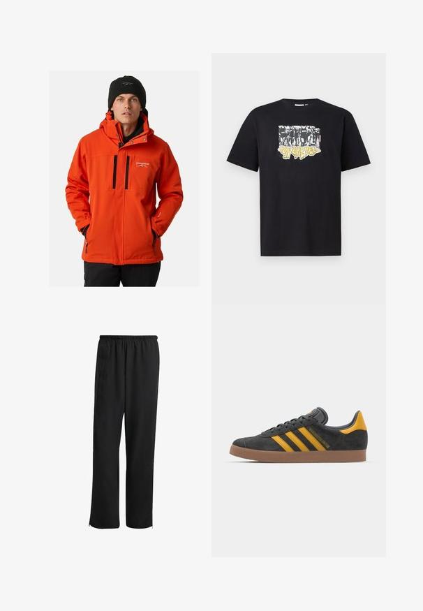 Bright orange weather-resistant jacket with a zip-up front, hood, and two black zip pockets. Includes adjustable cuffs and logo detail.; Black cotton t-shirt featuring a graphic print in white and yellow with the text "IRON LIKE HELL" and a design of silhouettes.; Black athletic pants with an elastic waistband, straight-leg design, side pockets, and zippered cuffs, made from a smooth, lightweight fabric.; Black suede sneaker with yellow accents, featuring three stripes and a brown rubber sole. Includes a padded tongue for comfort.