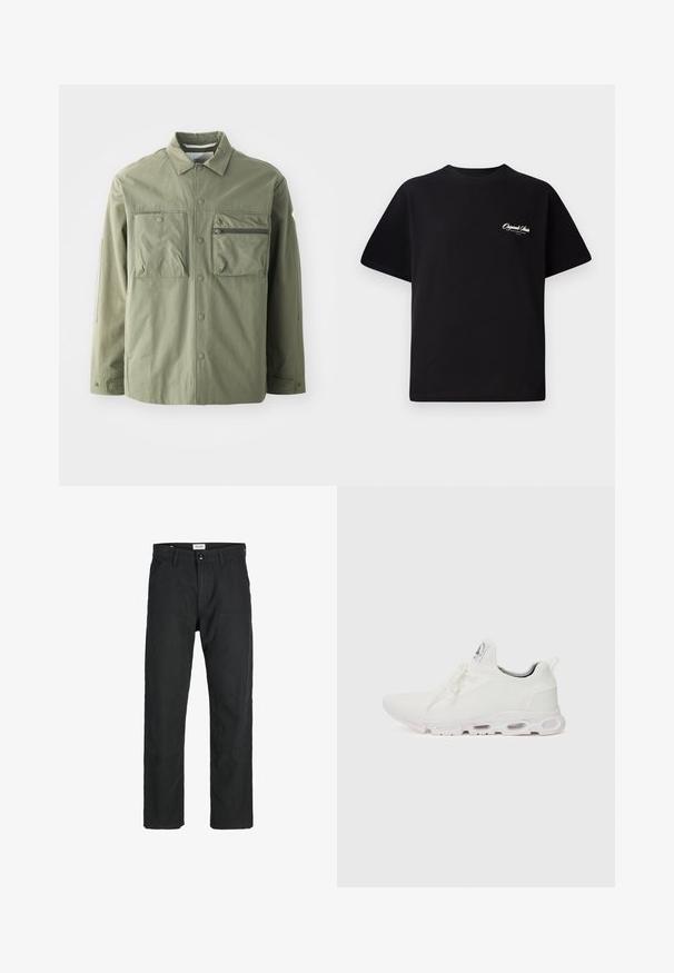 Šviesiai žalia švarkas, pagamintas iš lengvos medžiagos, su mygtukų uždarymu priekyje, dviem didelėm krūtinės kišenėm ir užtrauktuku užsegama kišene kairėje pusėje.; Juodas medvilninis marškinėliai su apvalia kaklo linija, trumpomis rankovėmis ir mažais baltais logotipo raštais kairiajame krūtinės šone. Paprastas dizainas, klasikinio kirpimo.; Juodi kelniai, pagaminti iš tvirto audinio, su tiesiomis kojomis, siuvinėtomis detalėmis ir dviem priekinėmis kišenėmis funkcionalumui.; Baltos sportinės detalės batai su tekstūruotu megztu viršumi, plokščiais raišteliais ir paminkštintu padu, kuriame matomos oro kameros papildomam palaikymui.