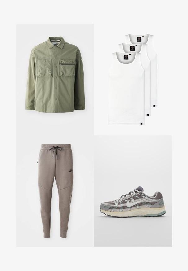 Olijfgroene jas van lichtgewicht stof, met een knoopsluiting aan de voorkant, twee grote borstzakken en een ritszak aan de linkerkant.; Drie witte geribde tanktops van katoen. Kenmerken zijn een ronde hals en kleine zwarte labels nabij de zoom. Verkrijgbaar in meerdere maten.; Grijze Nike-sweatpants met een verstelbare tailleband, taps toelopende benen, zijzakken en opvallende naaddetails. Zachte, gestructureerde stof.; Grijze sportieve schoen met een bovenwerk van mesh en suede, witte accenten, een gevoerde zool en een onderscheidend ontwerp met reflecterende elementen.
