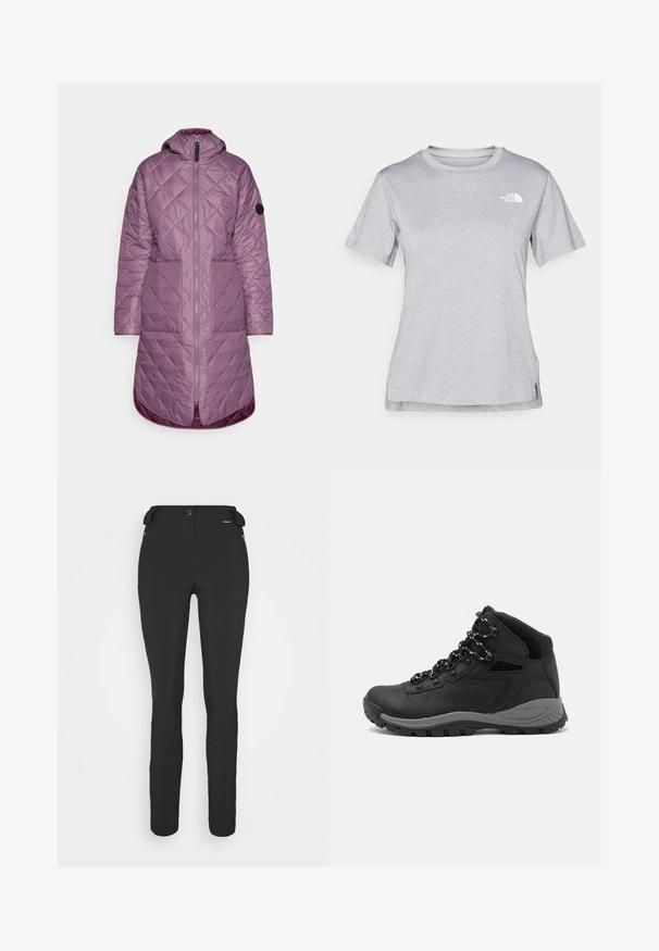 Icepeak AALEA - Abrigo de invierno - violet; Camiseta gris de manga corta hecha de una suave tela que absorbe la humedad. Presenta un cuello redondo y un pequeño logotipo blanco en la parte superior izquierda.; Pantalones negros ajustados hechos de un material flexible. Las características incluyen un bolsillo lateral con cremallera, rodillas articuladas y una textura suave.; Bota de senderismo negra con un diseño de medio caña, que cuenta con una parte superior texturizada, acentos grises y una suela de goma duradera con tacos de tracción.
