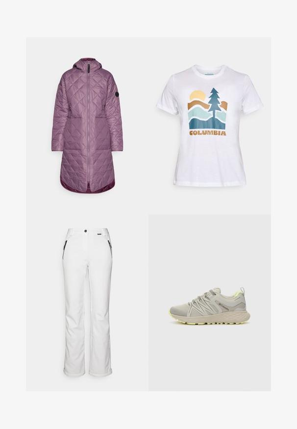 Icepeak AALEA - Ziemas mētelis - violet; Balts īsām piedurknēm T-krekls ar grafiku, kurā redzams saule, koks, kalni un vārds "Columbia" brūnā krāsā priekšpusē.; Baltie slēpošanas bikses ar taisnām kājām, aprīkotas ar melniem kabatām ar rāvējslēdzējiem un pogu aizdari viduklī. Gluda, izturīga auduma struktūra.; Columbia PEAKFREAK - Pārgājienu apavi - dove/citron haze