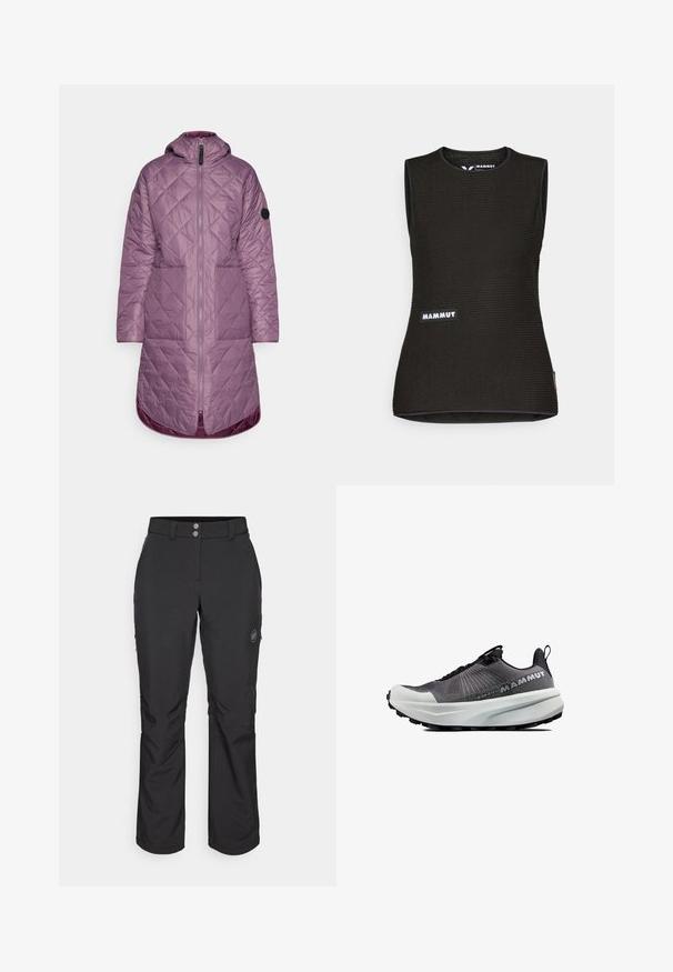 Icepeak AALEA - Vinterfrakke - violet; Sort ærmeløs skjorte med et tekstureret mønster, der har en rund halsudskæring og et "MAMMUT" logo på forsiden. Fremstillet af åndbart materiale.; Sorte udendørsbukser med lige snit, der har knaplukning, lynlåslommer i siderne og et logo-patch på venstre lår.; Sort sportssko med mesh-overdel, hvid polstret sål og robust sort ydersål. Har en træksløjfe og minimalistisk snøresystem.
