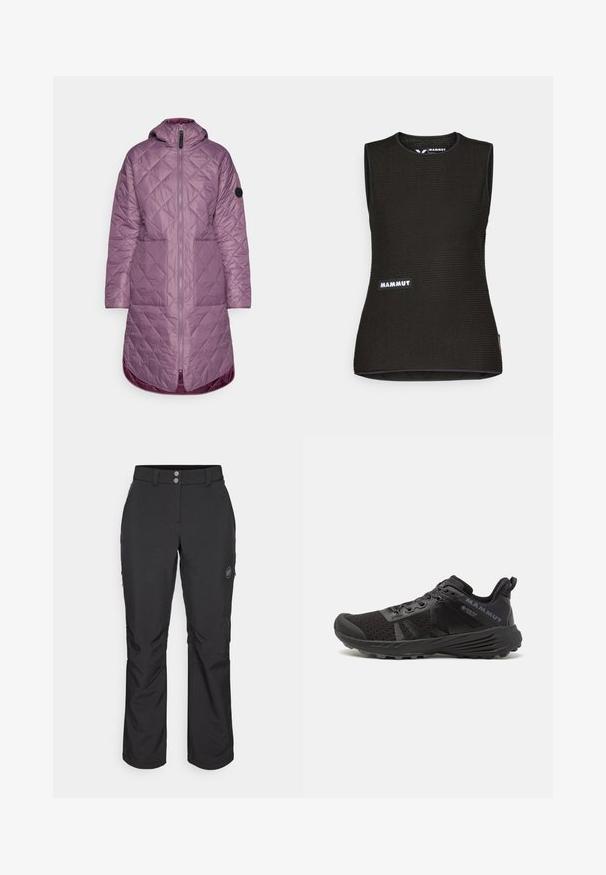 Icepeak AALEA - Talvemantel - violet; Mustat ilmaäratavad särk ilma varrukateta, millel on tekstuuriga muster, ümmargune kaelus ja esiküljel "MAMMUT" logo. Valmistatud hingavast materjalist.; Mustad mustad püksid sirge lõikega, millel on nööbiga kinnitamine, lukuga küljetaskud ja logomärk vasakul reiel.; Mustmustel mustuskead tekstureeritud võrgu pealmise osaga, tugevdatud varbalae ja kummist tallaosaga. Omab nöörimise süsteemi ja logo detailimist küljel.