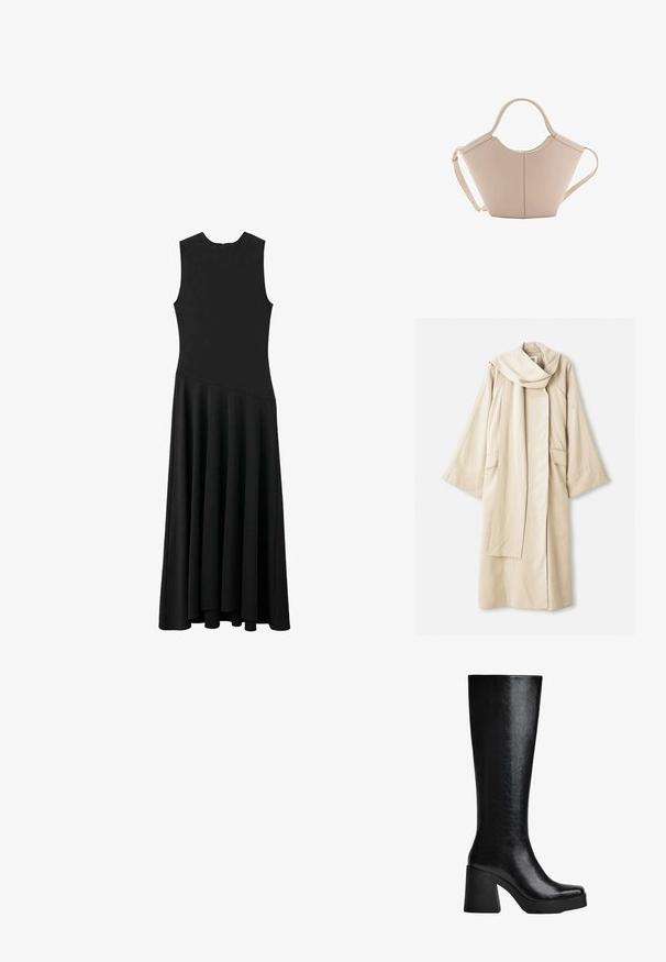 Beige kappa med ett flödande mönster och breda ärmar. Gjord av lätt tyg, med en stor krage och två framfickor.; Svart ärmlös maxiklänning med snygg passform och utställd kjol, med en mjuk textur och minimalistisk design, inga synliga knäppningar.; Svarta knähöga stövlar gjorda av texturerat syntetmaterial, med fyrkantig tå, kraftig klack och slät, slank yta.; Beige läderhandväska med en unik form, med två korta handtag och ett långt justerbart axelband. Slät textur med minimal hårdvara.