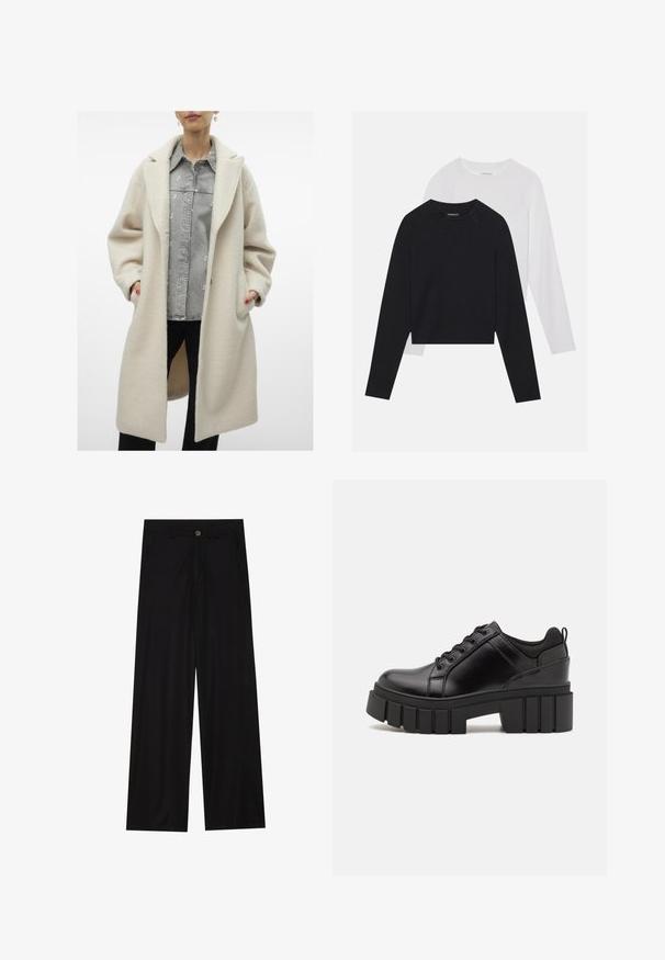 Cremigfarbener, strukturierter Mantel mit lockerer Passform; verfügt über einen weiten Kragen, Seitentaschen und ein mittellanges Design, das über einem grauen Hemd getragen wird.; Zwei langärmelige Hemden: eines schwarz und eines weiß. Beide haben einen Rundhals, Raglanärmel und bestehen aus einem weichen Baumwollmischgewebe.; Schwarz weit geschnittene Hose aus einem glatten Stoff, mit frontalen Taschen und einem Knopfverschluss an der Taille. Minimalistisches Design ohne Muster.; Schwarze Lederplateauschuhe mit klobigem Blockabsatz, runder Zehenpartie und traditionellem Schnürdesign. Verfügt über eine glatte Textur und minimale Details.